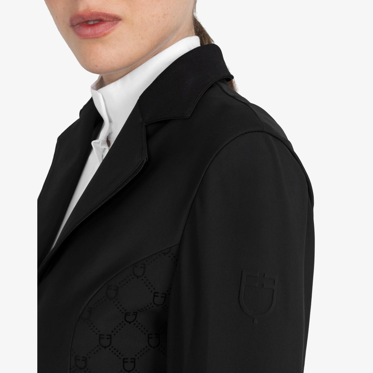 Equestro Women's Monogram Velvet Competition Jacket in Black side view