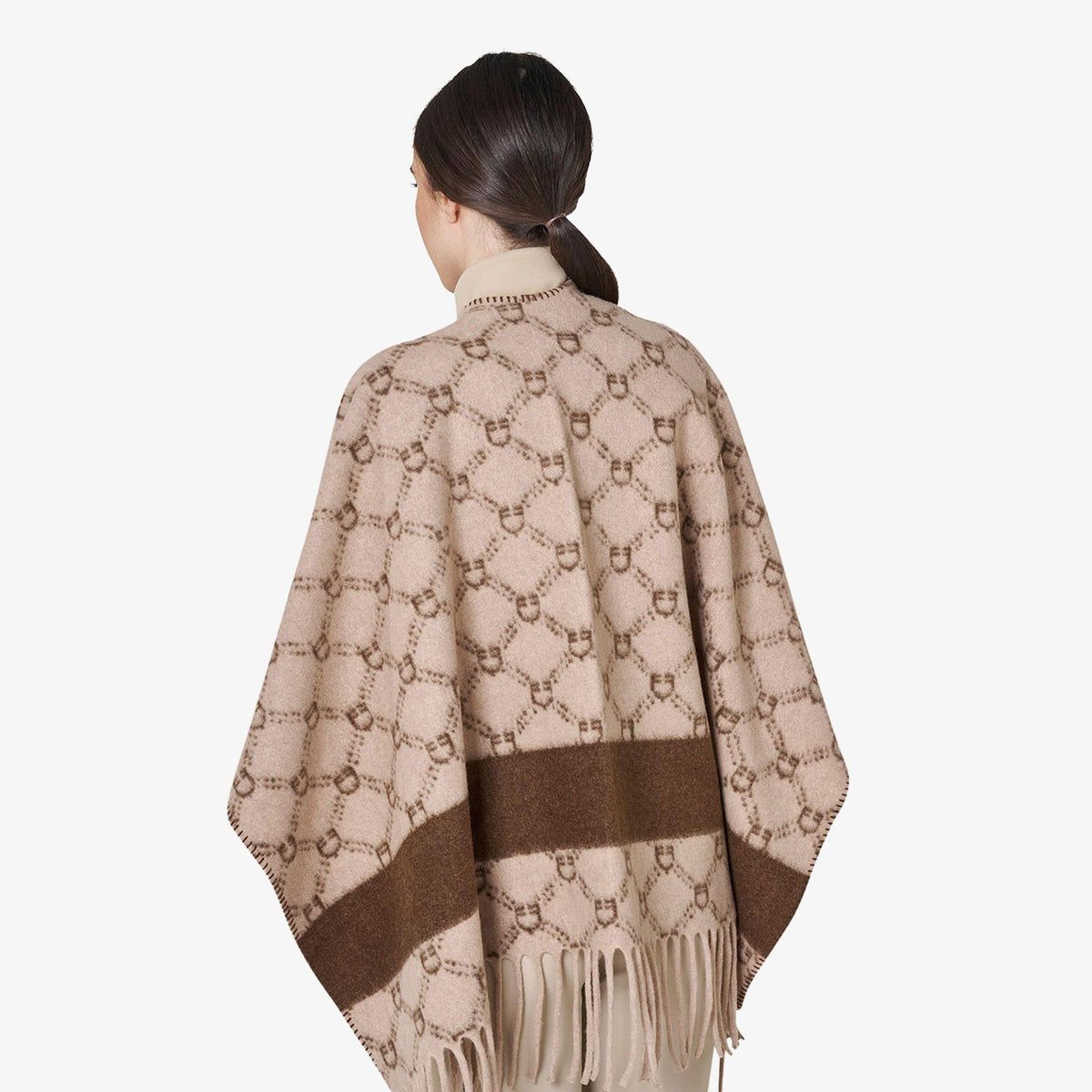 Equestro Women's Monogram Wool Cape in Beige/Brown back view