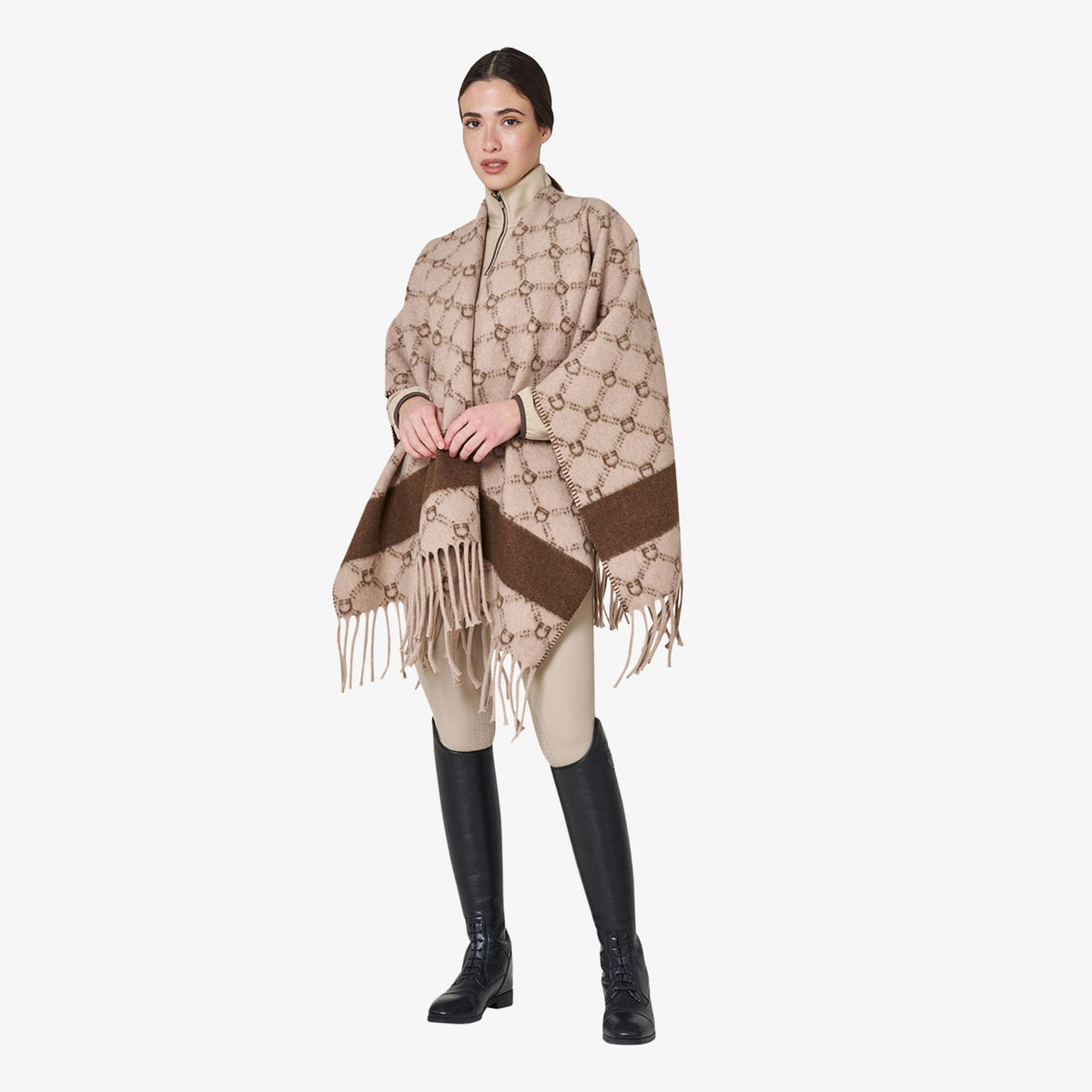 Equestro Women's Monogram Wool Cape worn with breeches and tall boots