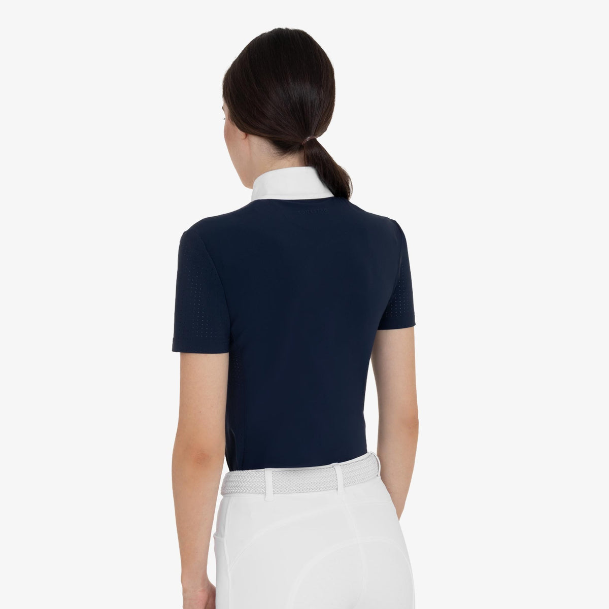 Equestro Women's Perforated Short Sleeve Competition Polo in Navy Blazer back view
