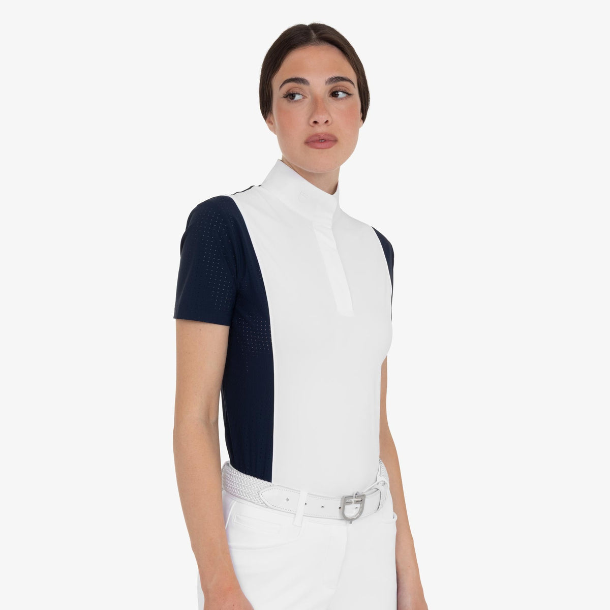 Equestro Women's Perforated Short Sleeve Competition Polo in Navy Blazer side view