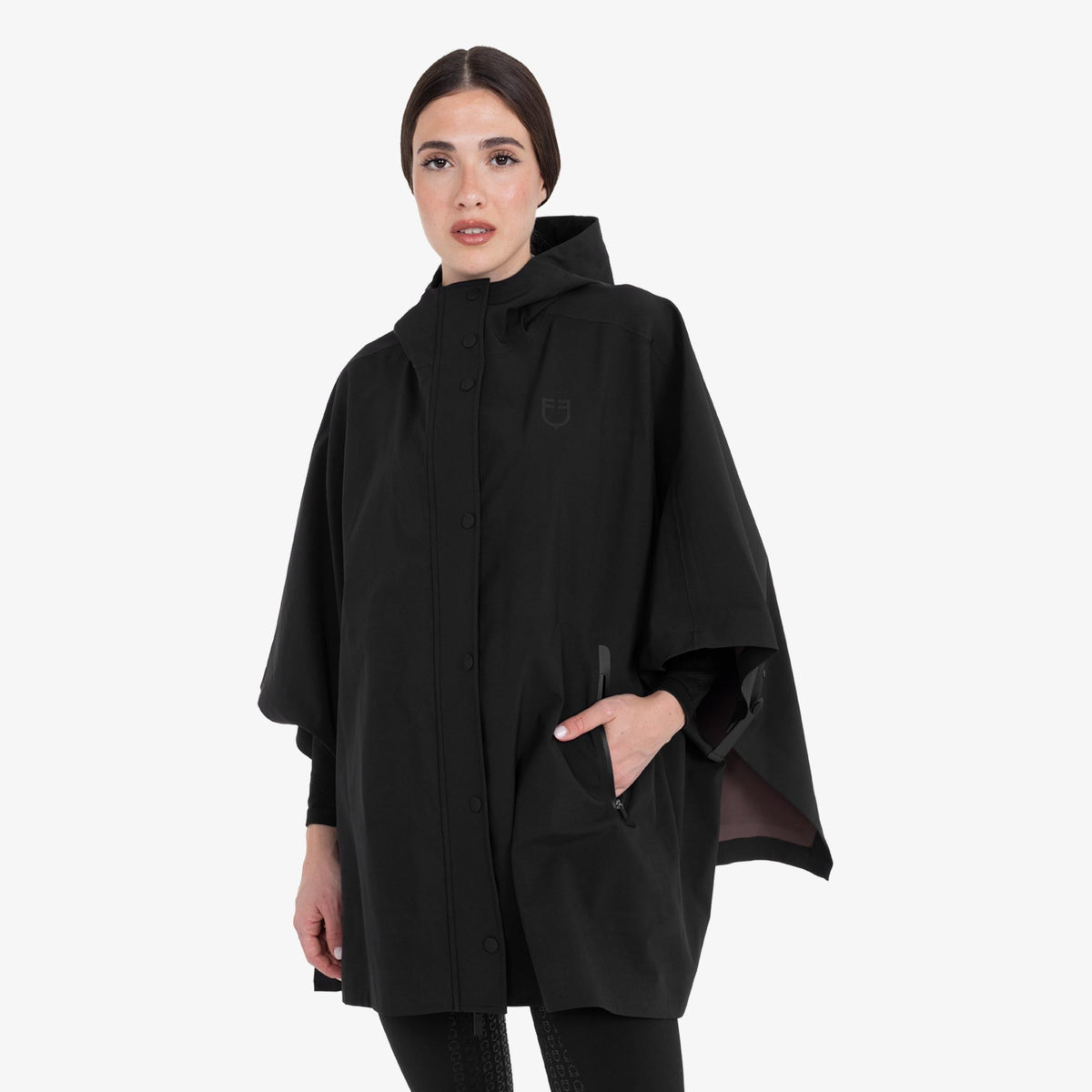 Equestro Women's Technical Rain Cape in Black front view