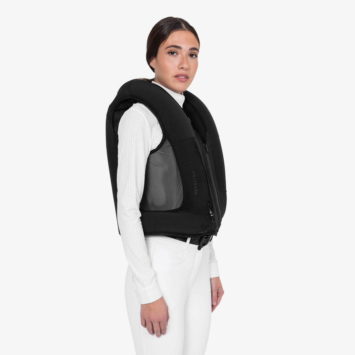 Equestro Women's Airbag Vest with Level 2 Back Protector - Black, inflated | Malvern Saddlery
