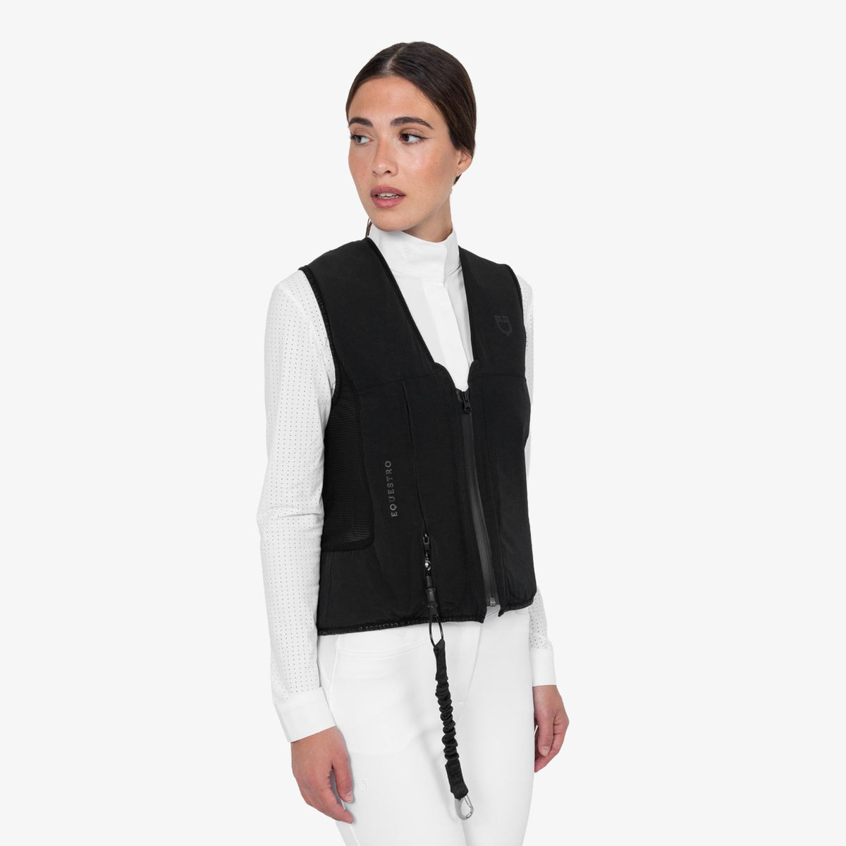 Equestro Women's Airbag Vest with Level 2 Back Protector - Black, worn | Malvern Saddlery