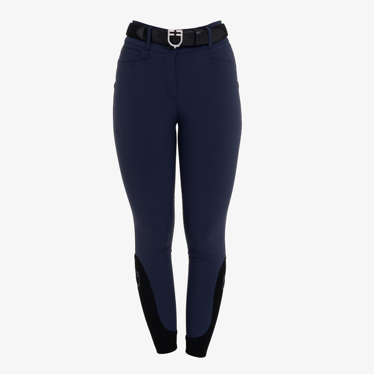 Equestro Women's Hunter Knee Grip Breeches - Navy, front | Malvern Saddlery
