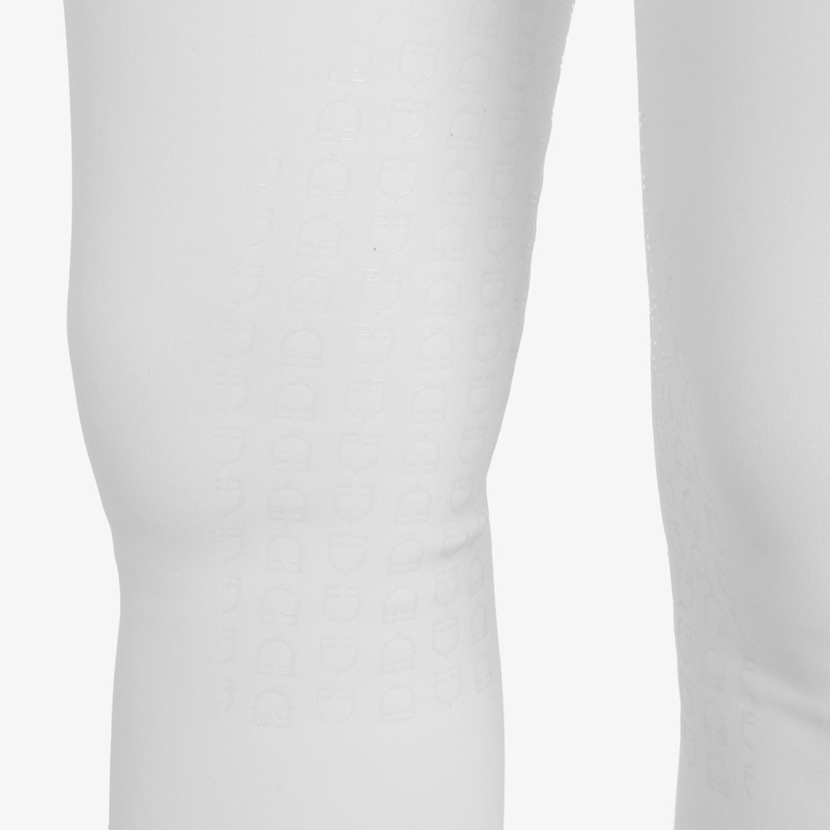 Equestro Women's Hunter Knee Grip Breeches - White, silicone knee grip close-up | Malvern Saddlery