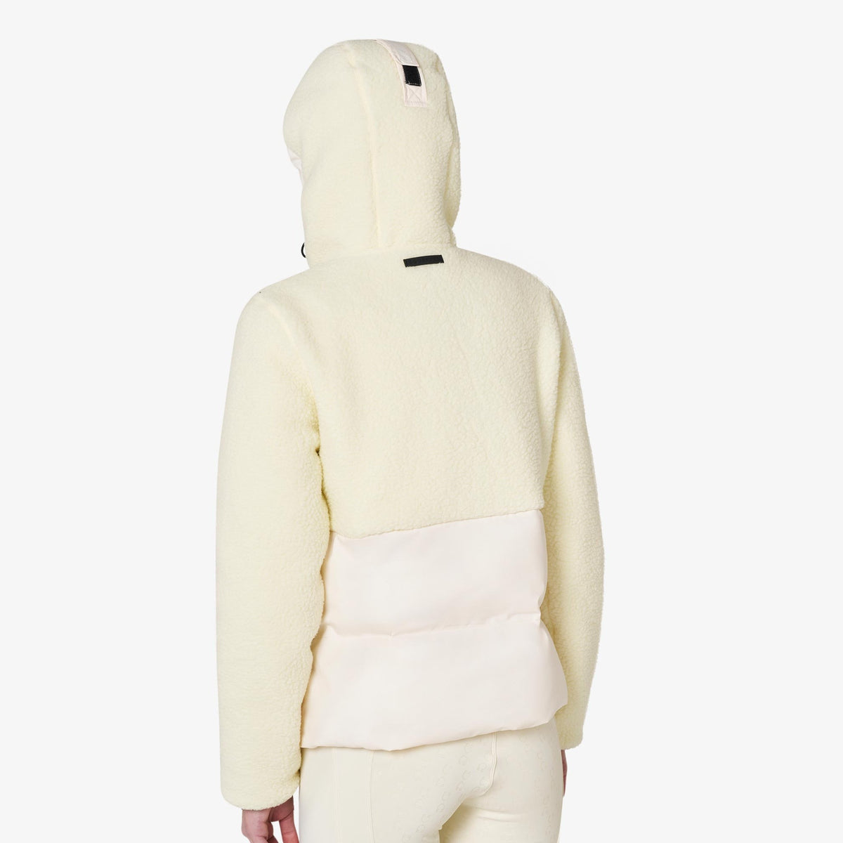 Equestro Women's Teddy Hybrid Jacket - Antique White, back with hood up | Malvern Saddlery