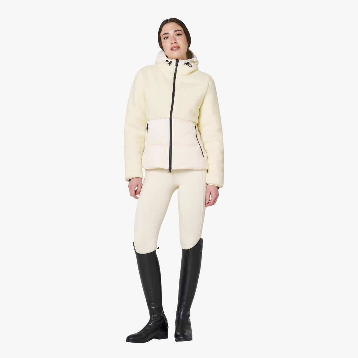 Equestro Women's Teddy Hybrid Jacket - Antique White, full length with breeches and boots | Malvern Saddlery