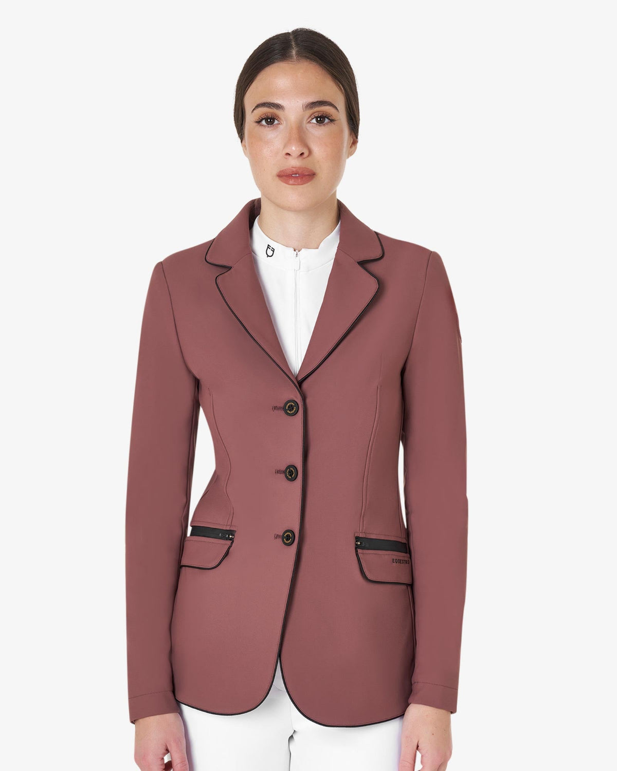 Equestro Women's Classic Show Coat - Maroon; shown on woman on white background | Equestrian Competition Apparel| Malvern Saddlery