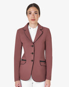 Equestro Women's Classic Show Coat - Maroon; shown on woman on white background | Equestrian Competition Apparel| Malvern Saddlery