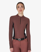 Equestro Women's Long-Sleeved Technical Polo Shirt - Maroon; on woman on white background | Equestrian Training Shirts | Malvern Saddlery
