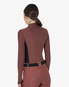 Equestro Women's Long-Sleeved Technical Polo Shirt - Maroon; back view on woman on white background | Equestrian Training Shirts | Malvern Saddlery