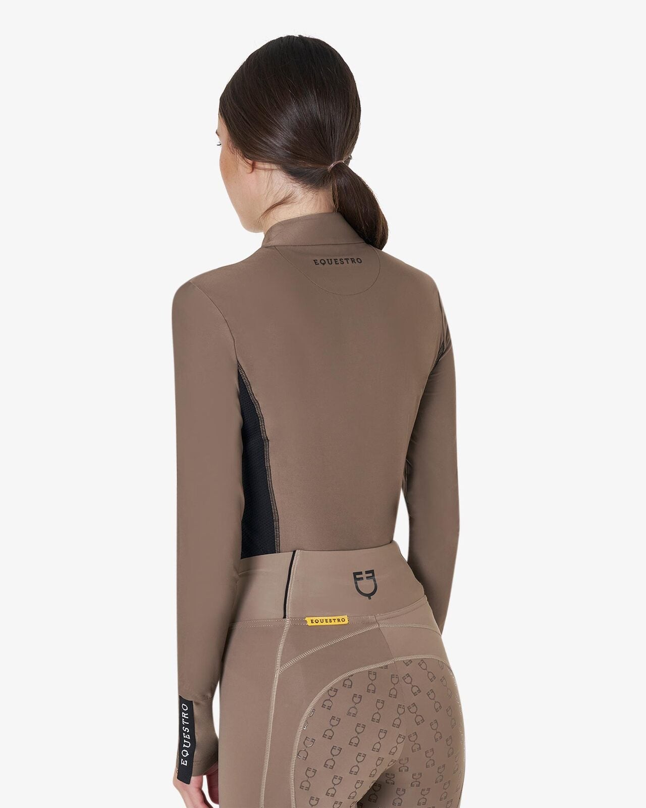 Equestro Women's Long-Sleeved Technical Polo Shirt - Walnut; back view on woman on white background | Equestrian Training Shirts | Malvern Saddlery