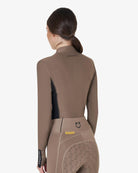 Equestro Women's Long-Sleeved Technical Polo Shirt - Walnut; back view on woman on white background | Equestrian Training Shirts | Malvern Saddlery