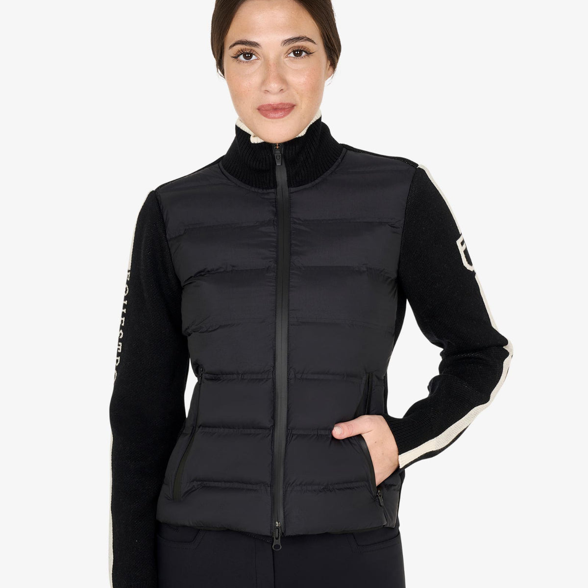 Equestro Hybrid Knit Jacket - Black;  shown on women on white background | Women's Outerwear | Malvern Saddlery