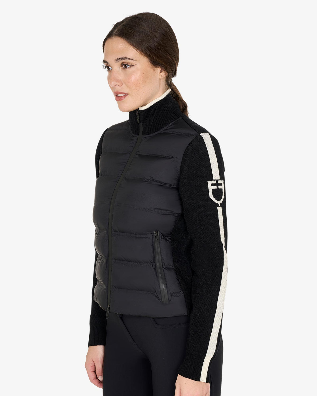 Equestro Hybrid Knit Jacket - Black;  shown on women on white background | Women's Outerwear | Malvern Saddlery
