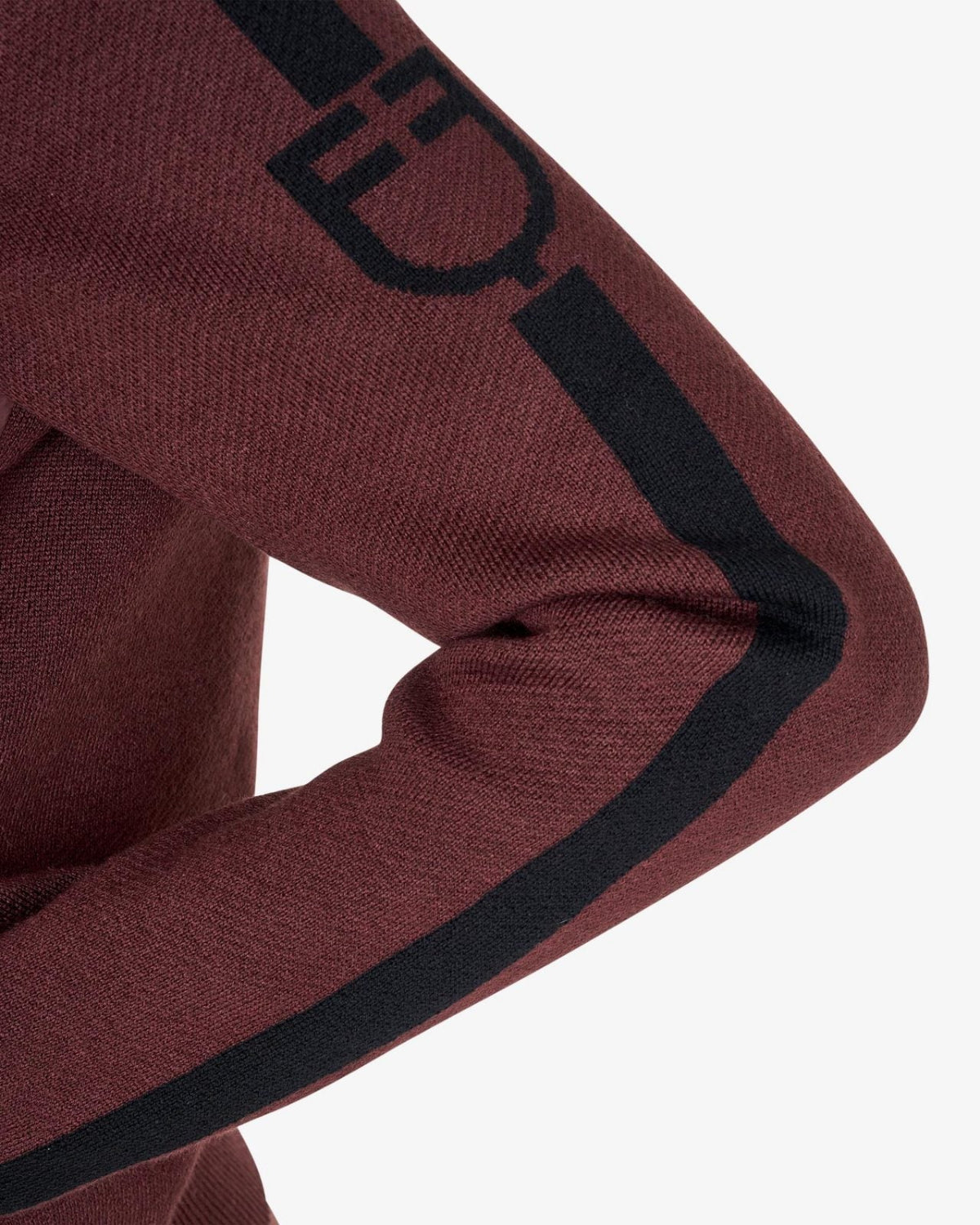 Equestro Hybrid Knit Jacket - Wine;  detail of left arm shown on women on white background | Women's Outerwear | Malvern Saddlery