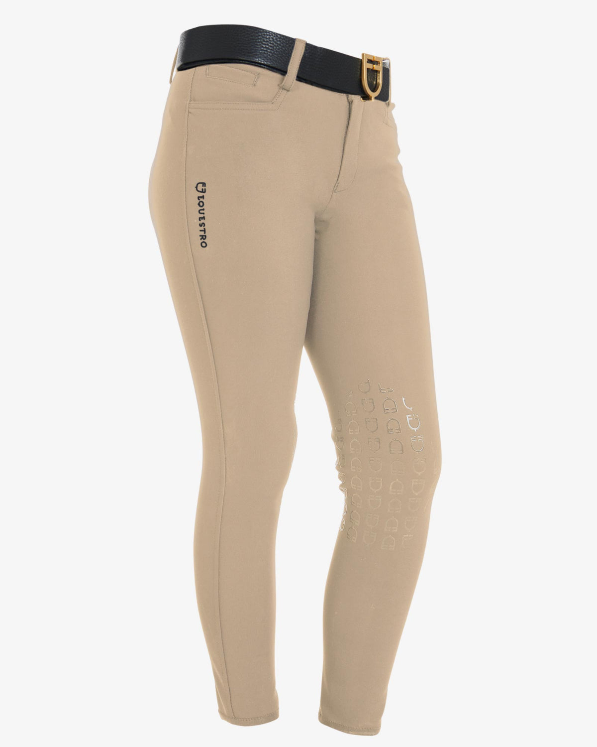 Equestro Girls Slim Fit Competition Breeches - Tan, shown with belt, not included | Young Rider Apparel | Malvern Saddlery