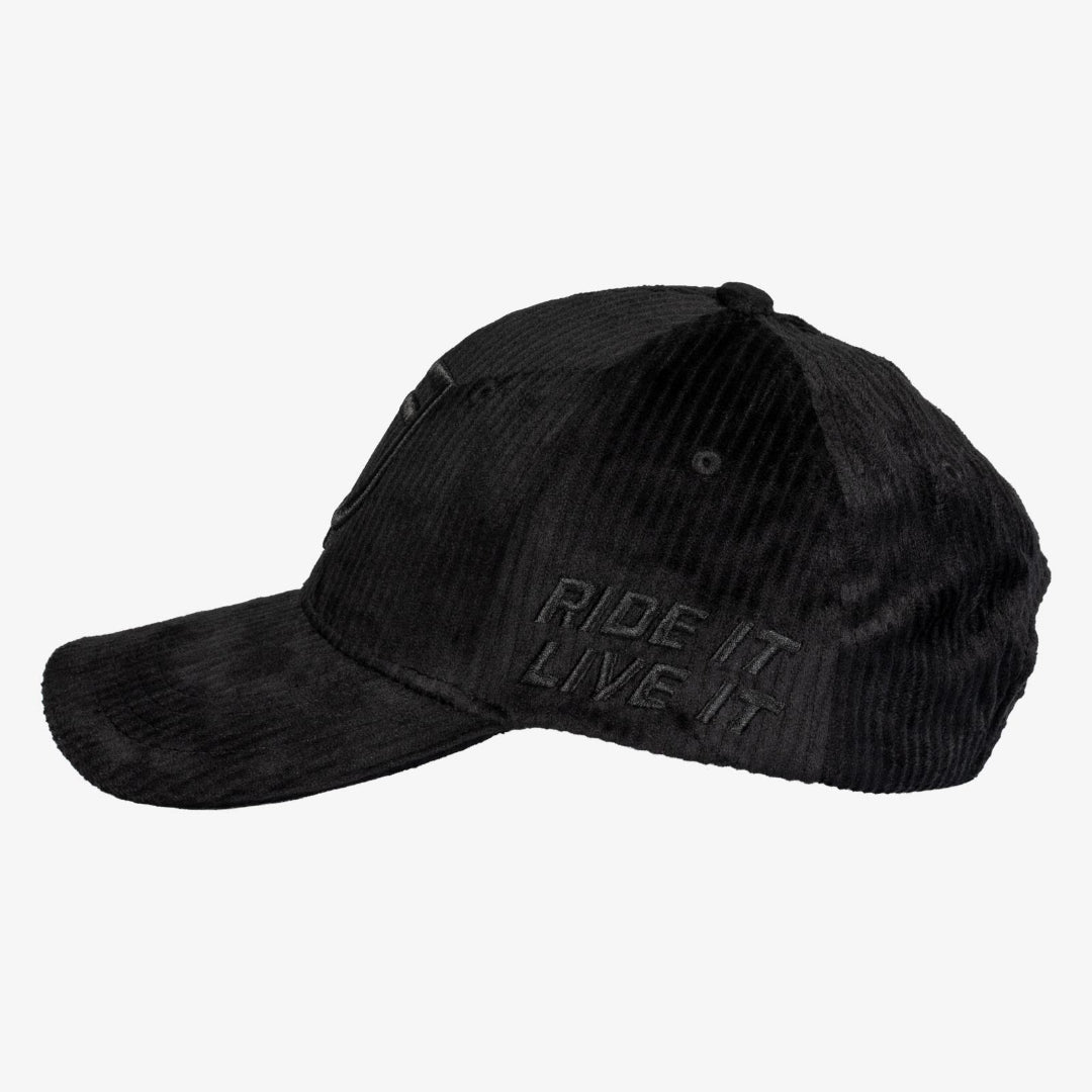Equestro Velvet-like Ribbed Baseball Cap - Black ' Ride it Live it' Side View | Malvern Saddlery
