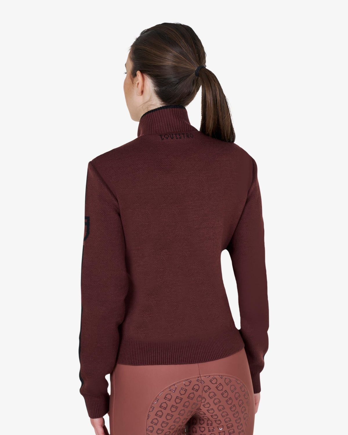 Equestro Hybrid Knit Jacket - Wine; back view, shown on women on white background | Women's Outerwear | Malvern Saddlery