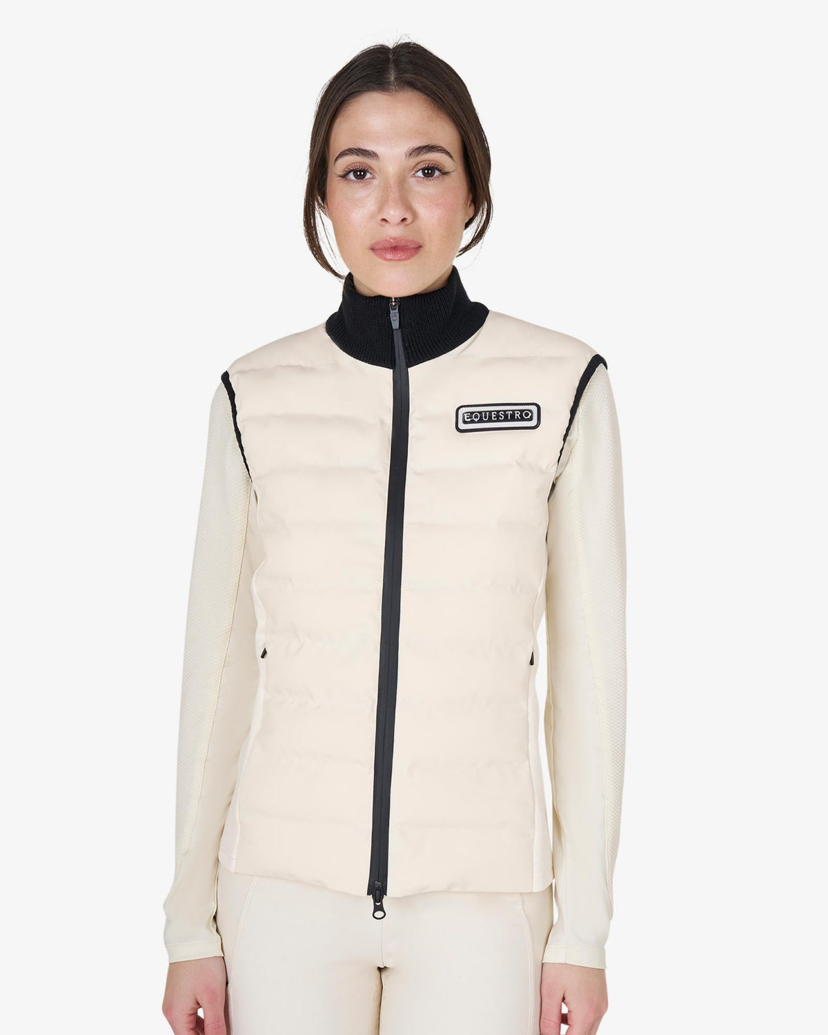 Equestro Technical Blend Vest - Antique Vest; shown on woman on white background | Malvern Saddlery