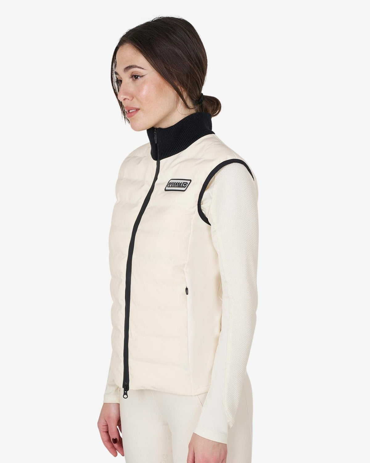 Equestro Technical Blend Vest - Antique Vest; shown on woman on white background | Malvern Saddlery