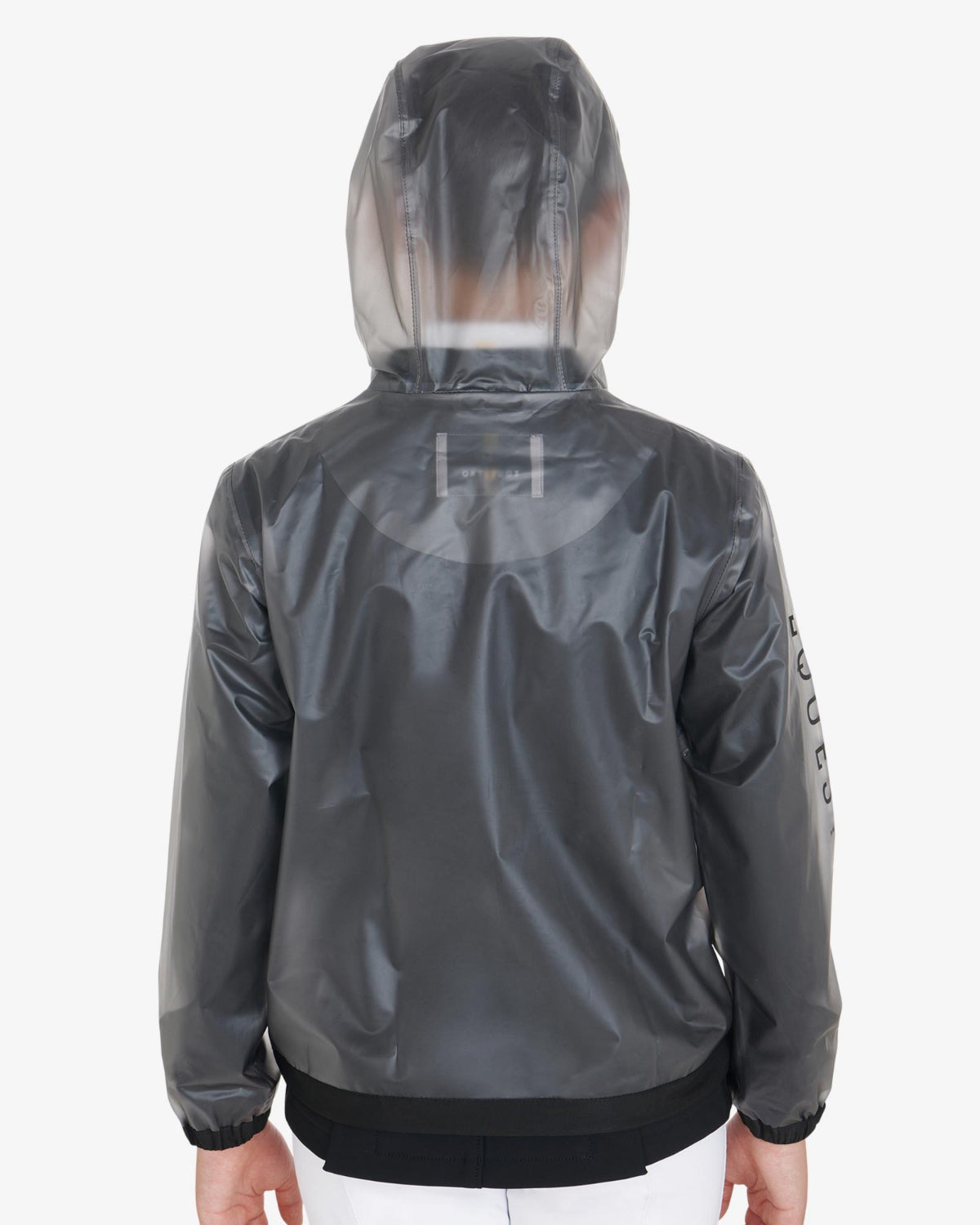 Equestro Young Rider Unisex Raincoat - back view shown on boy wearing show coat under, white breeches  | Children's Riding Apparel | Malvern Saddlery