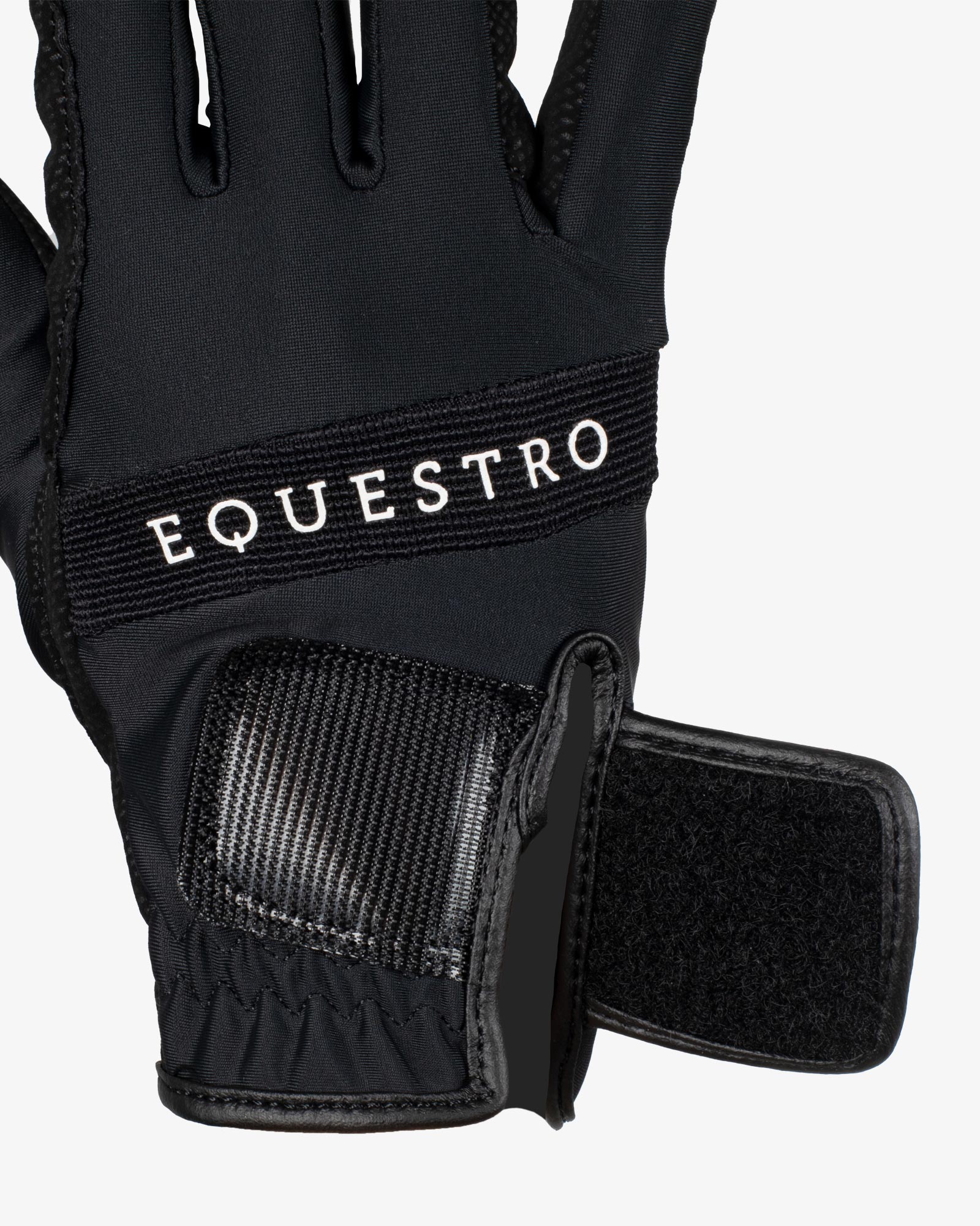 Equestro Logo Technical Riding Gloves - Black/White; velcro detail | Malvern Saddlery