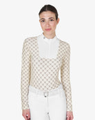 Equestro Women's Monogram Competition Polo Shirt - Antique White & Walnut; shown on woman on white background | Equestrian Show Shirts | Malvern Saddlery