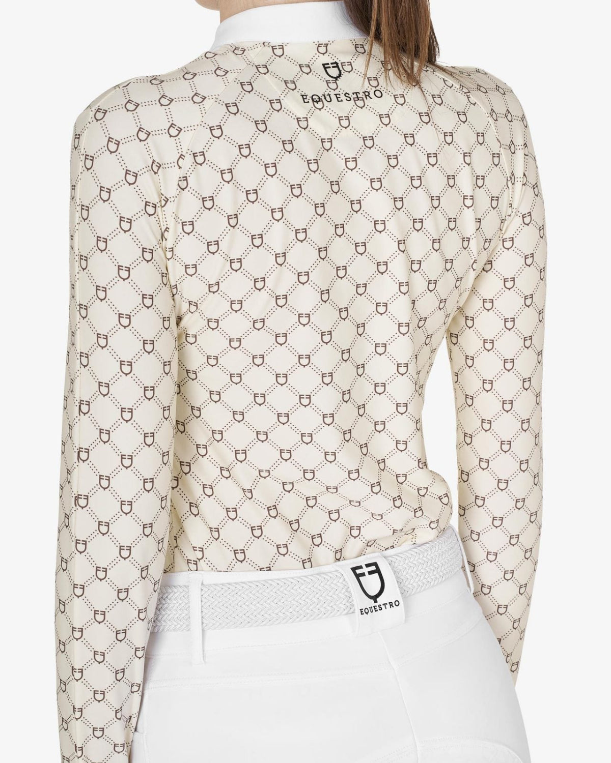 Equestro Women's Monogram Competition Polo Shirt - Antique White & Walnut; back view, shown on woman on white background | Equestrian Show Shirts | Malvern Saddlery