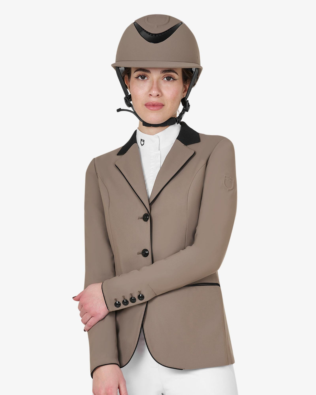 Equestro Women's Elegance Show Coat - Walnut; shown on woman wearing matching helmet | Equestrian Competition Apparel | Malvern Saddlery