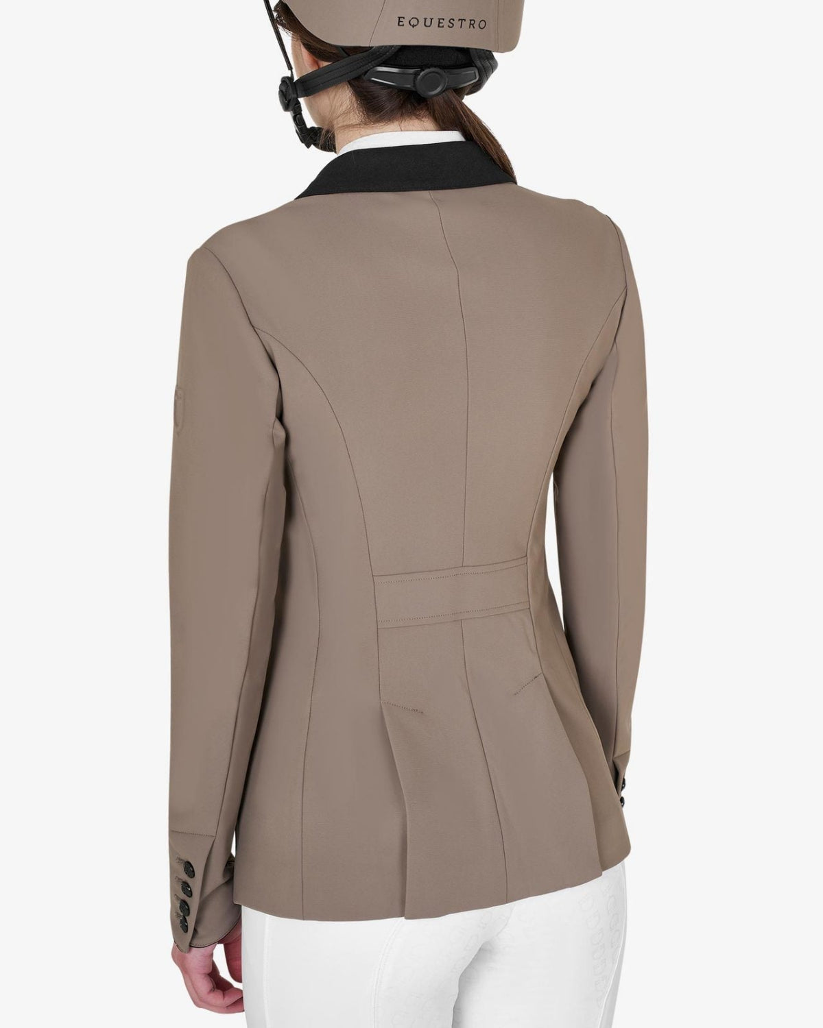 Equestro Women's Elegance Show Coat - Walnut; back view shown on woman wearing matching helmet | Equestrian Competition Apparel | Malvern Saddlery