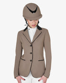 Equestro Women's Elegance Show Coat - Walnut; shown on woman wearing matching helmet | Equestrian Competition Apparel | Malvern Saddlery