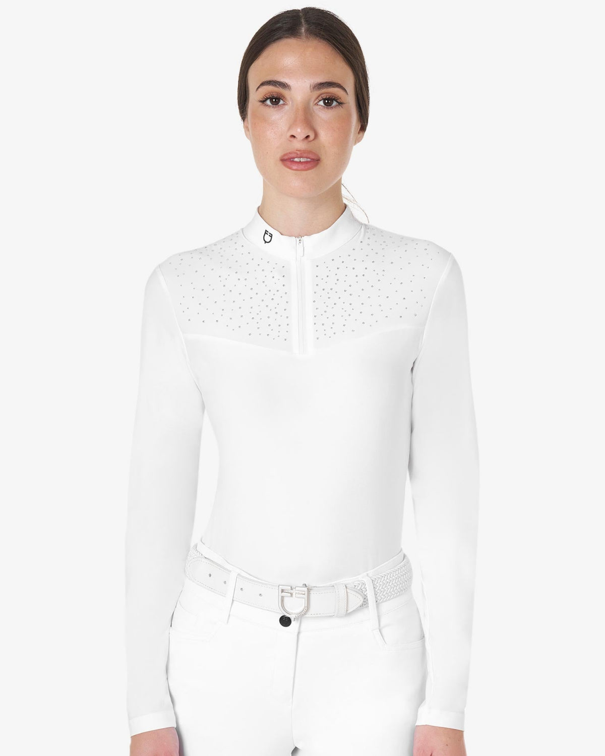 Equestro Women's Crystal Zip Show Shirt; shown on woman against white background | Equestrian Competition Shirts | Malvern Saddlery