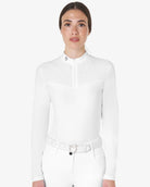 Equestro Women's Crystal Zip Show Shirt; shown on woman against white background | Equestrian Competition Shirts | Malvern Saddlery