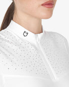 Equestro Women's Crystal Zip Show Shirt;  crystal yoke detail shown on woman against white background | Equestrian Competition Shirts | Malvern Saddlery