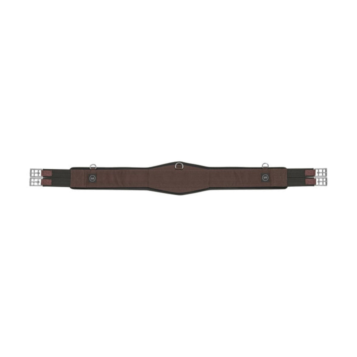 Brown EquiFit Essential Schooling Girth side view featuring contoured shape, double elastic ends, and roller buckles