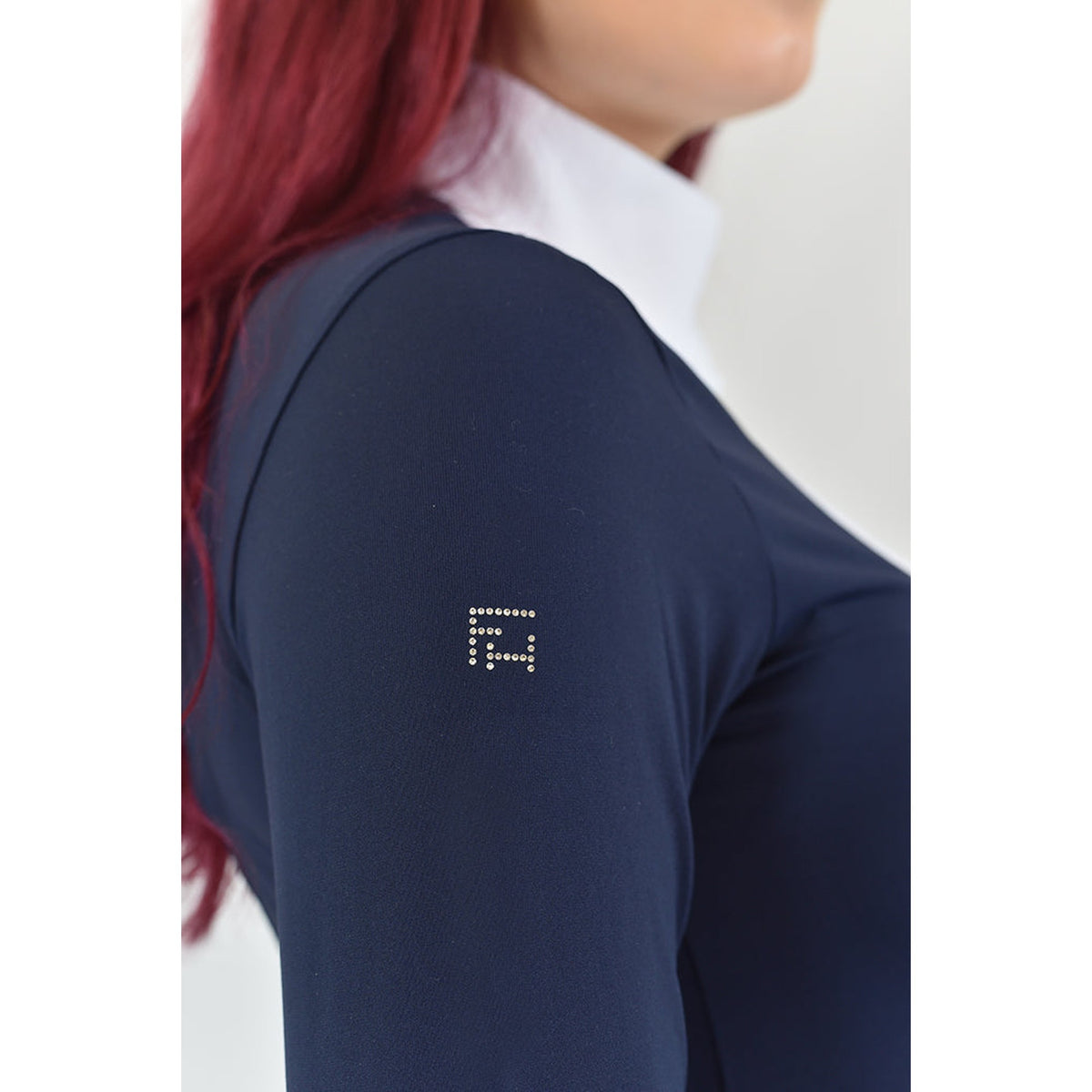 For Horses Aliyah Women's Long Sleeve Show Shirt in Navy sleeve logo detail
