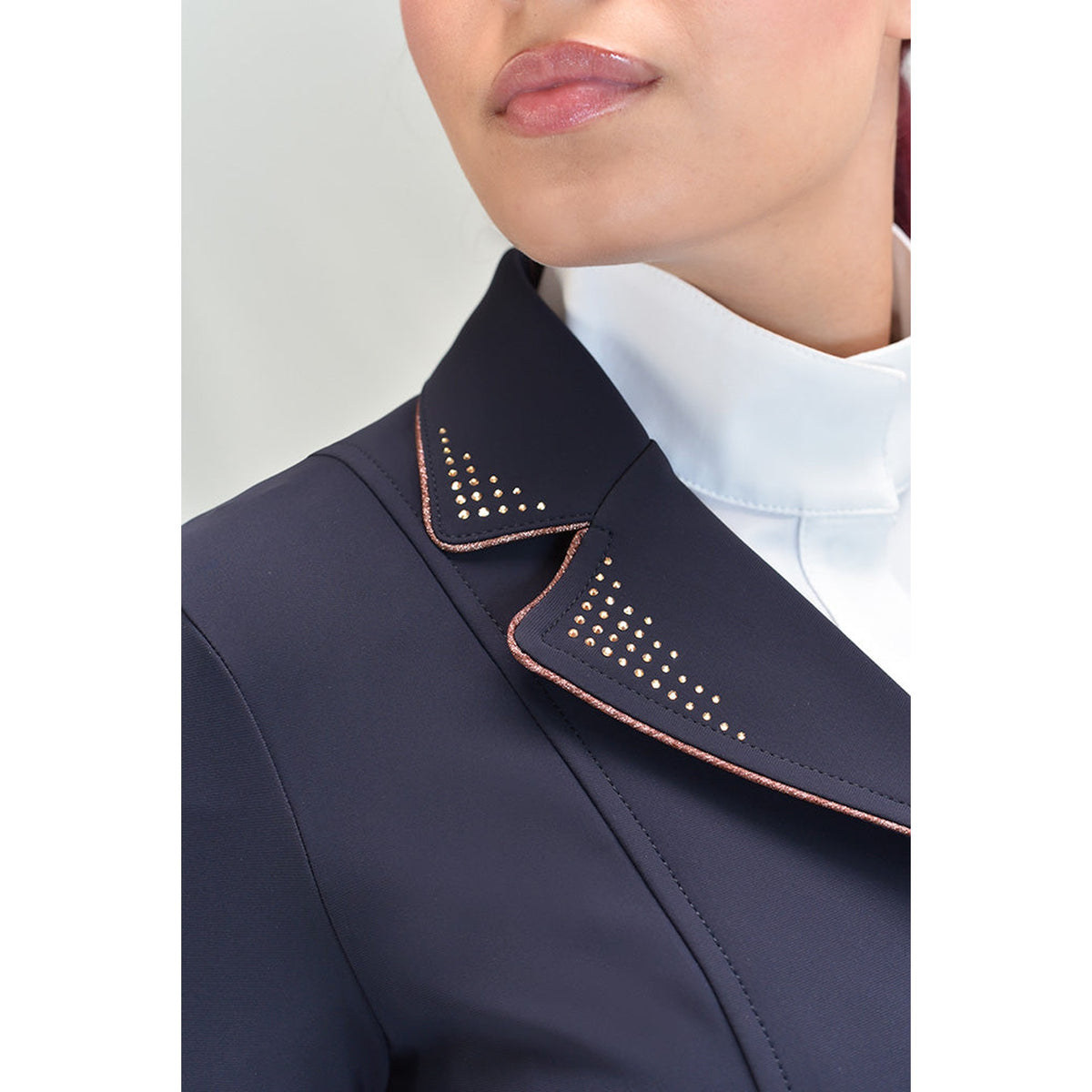 For Horses Cristina Lux Women's Show Jacket crystal collar detail, shown in Navy
