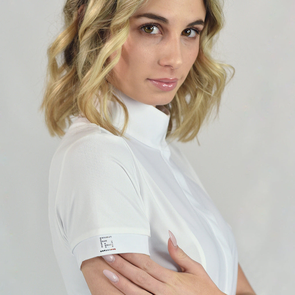For Horses Daphne Women's Short Sleeve Show Shirt in White sleeve logo detail