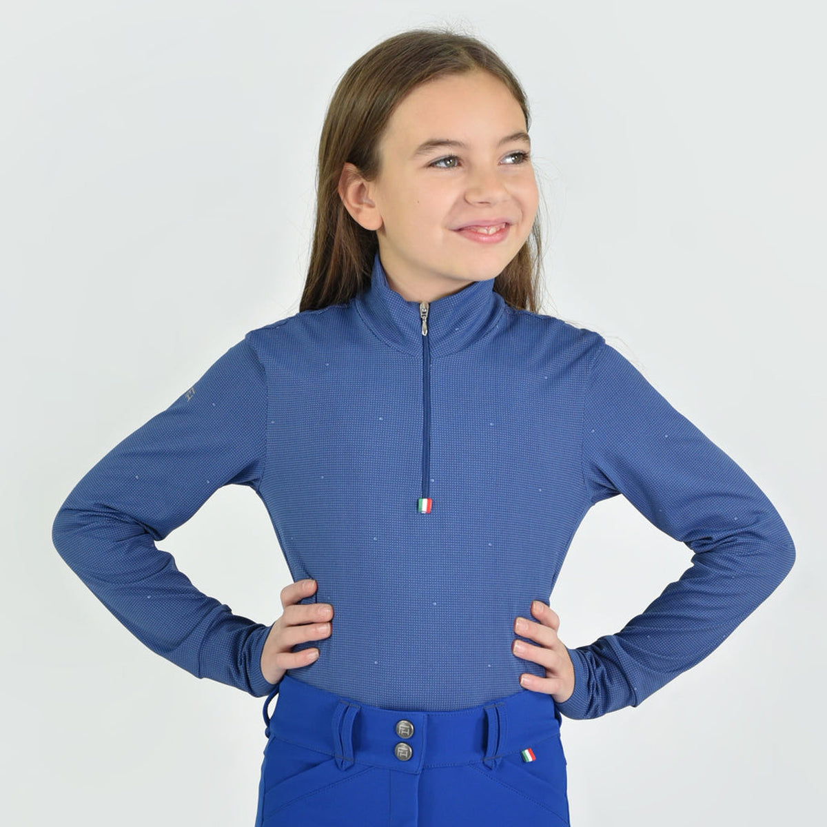 For Horses Gioco Kids Long Sleeve Schooling Shirt in Blue front view