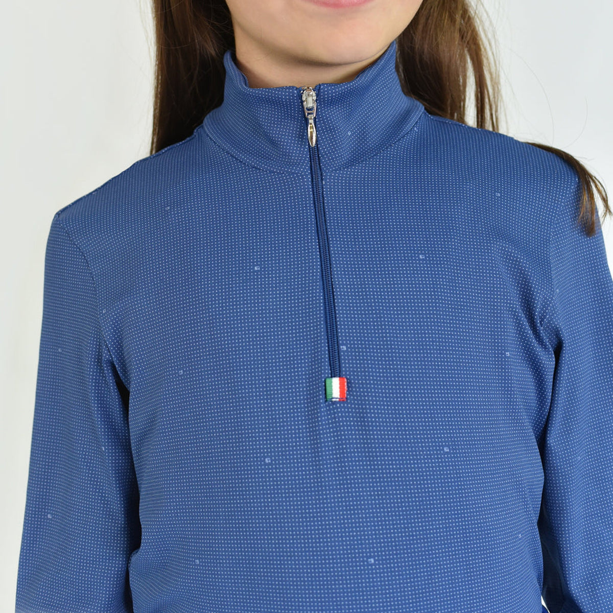 For Horses Gioco Kids Long Sleeve Schooling Shirt in Blue quarter-zip detail