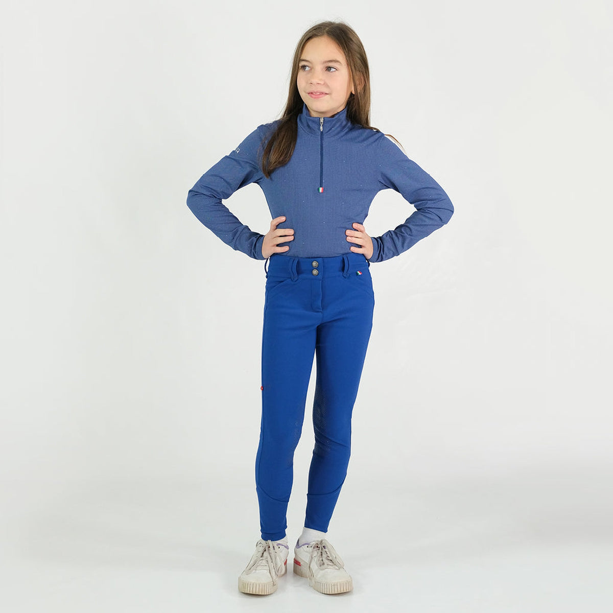 For Horses Gioco Kids Long Sleeve Schooling Shirt in Blue full-length view