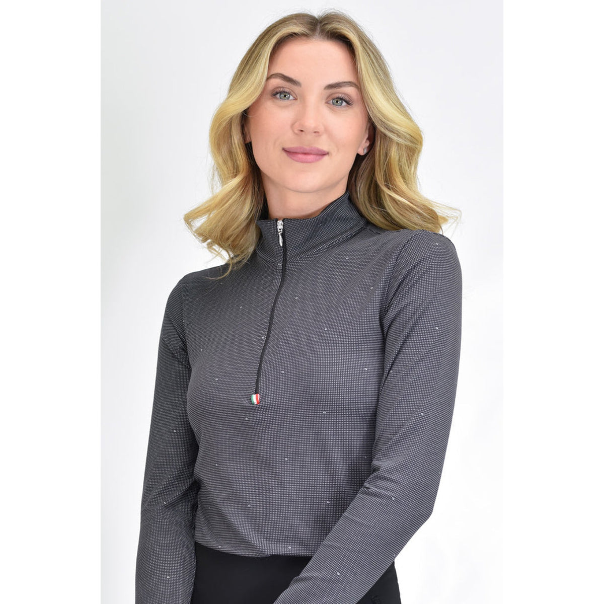 For Horses Gioconda Women's Long Sleeve Schooling Shirt in Black Dots front view