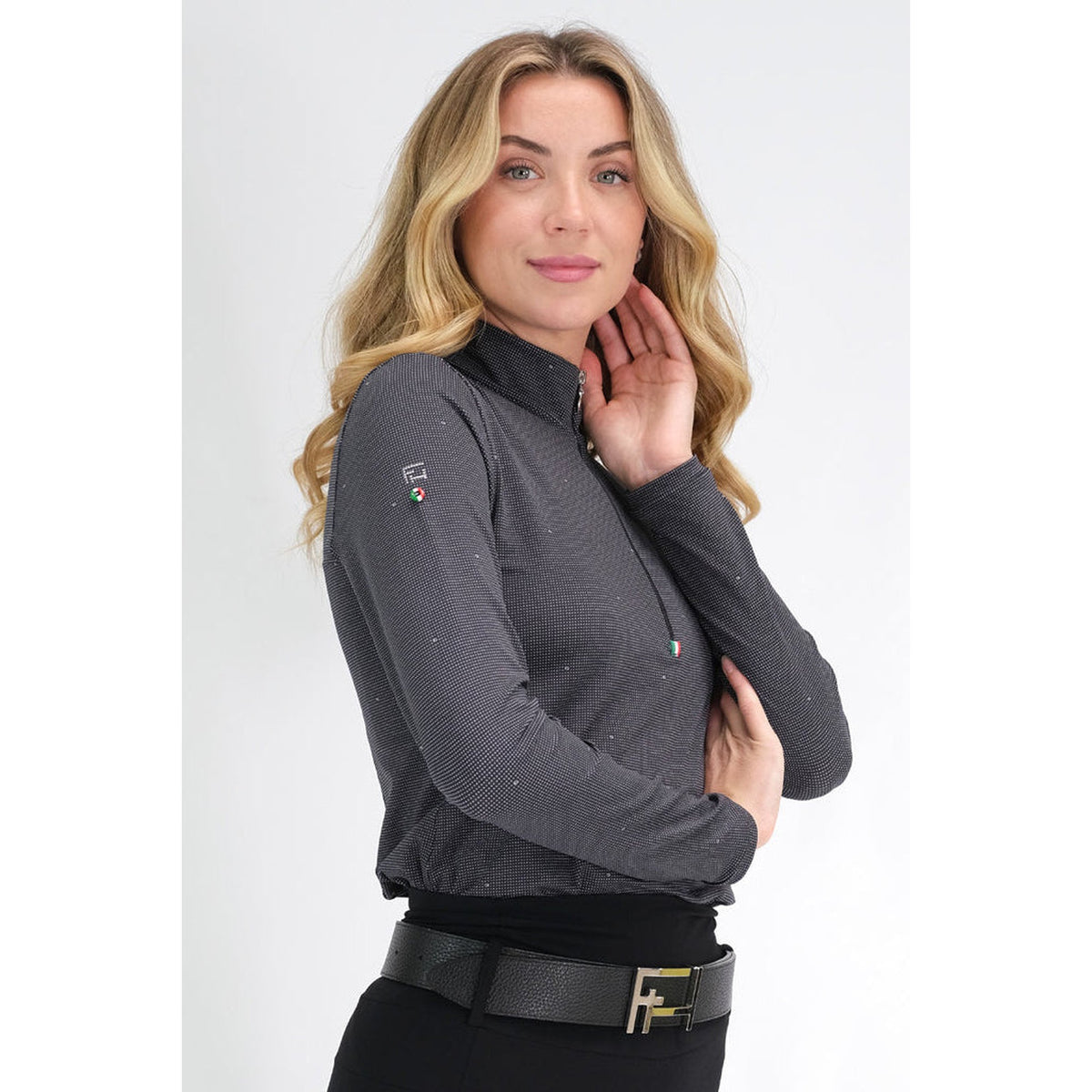 For Horses Gioconda Women's Long Sleeve Schooling Shirt in Black Dots three-quarter view