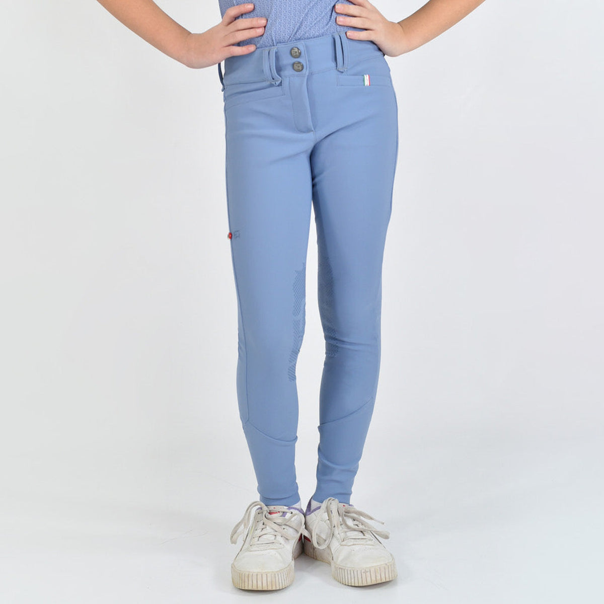 For Horses Poppy Girls' Knee Grip Breeches in Steel Blue front view