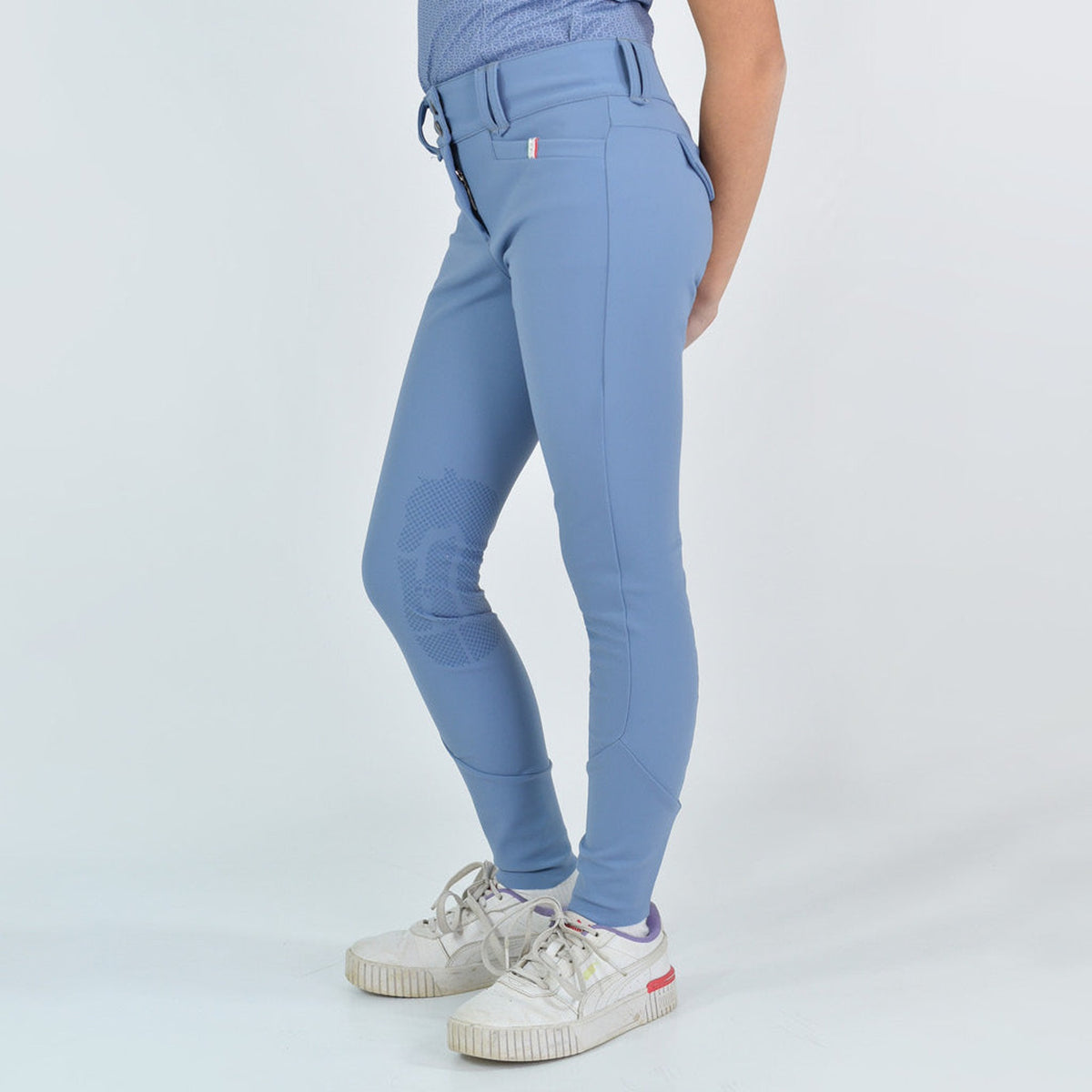 For Horses Poppy Girls' Knee Grip Breeches in Steel Blue side view