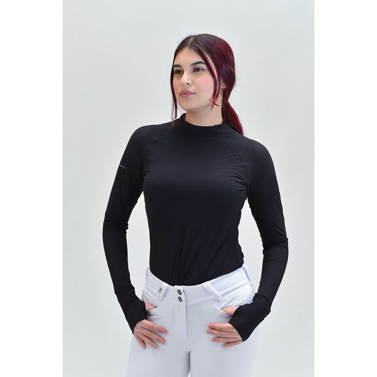 For Horses Willa Women's Long Sleeve Schooling Shirt in Black front view