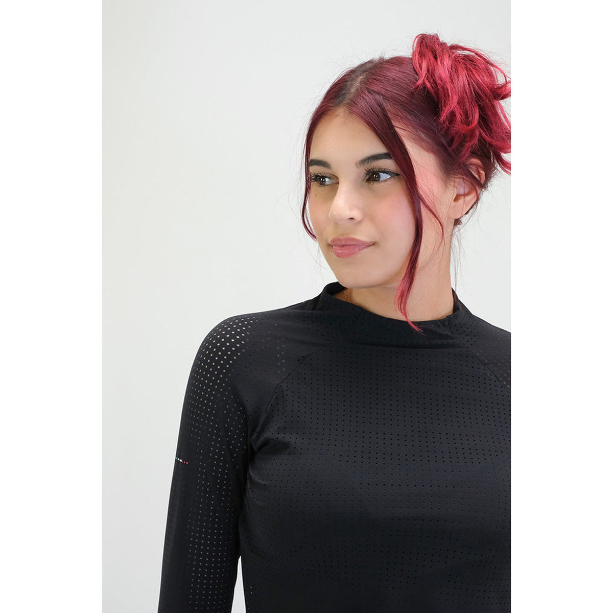 For Horses Willa Women's Long Sleeve Schooling Shirt in Black funnel neck detail