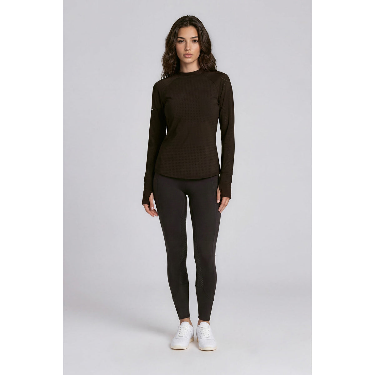 For Horses Willa Women's Long Sleeve Schooling Shirt in Brown full-length view